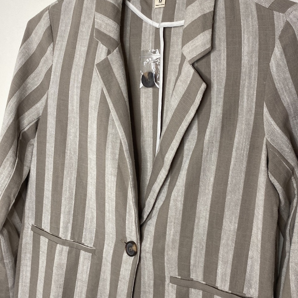 Gray Striped Linen Rayon Blazer Jacket Size Medium By Fashion On Earth - Picture 2 of 11
